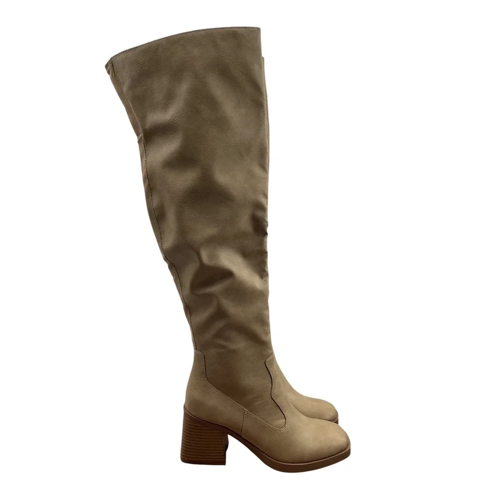 Sun + Stone Vivvii Tan Over The Knee Block Heel Square Toe Boots F42199  6.5